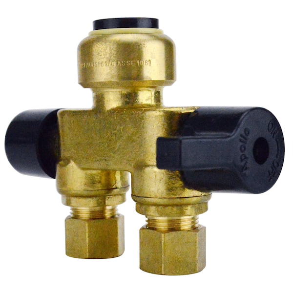 1/2 In. Brass Push-To-Connect X 3/8 In. O.D. Comp. Dual Inline Outlet Dual Shut-Off 1/4-Turn Stop